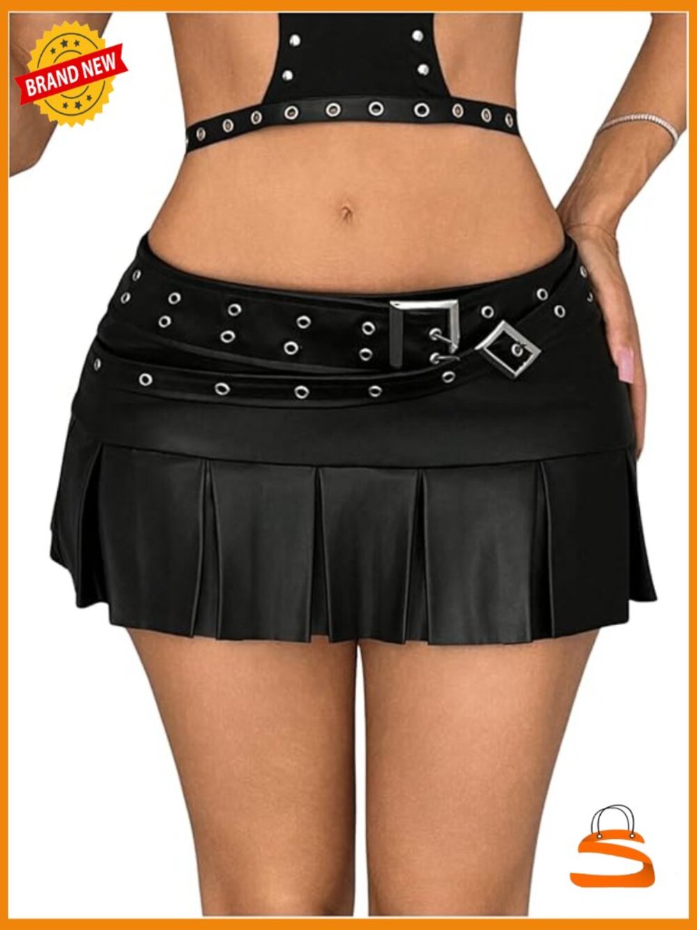 Y2K Low Rise Pleated PU Leather Mini Skirt with Double Belt